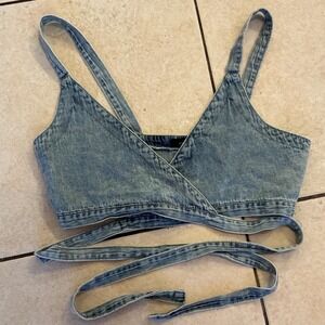 Goodtimeusa Denim Wrap Crop Top Womens Medium Blue Excellent V-Neck Tie Waist
